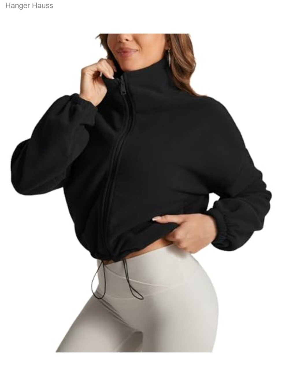 Women's Cropped Sherpa Jacket Full Zip Cozy Fleece Coat with Stand Collar &